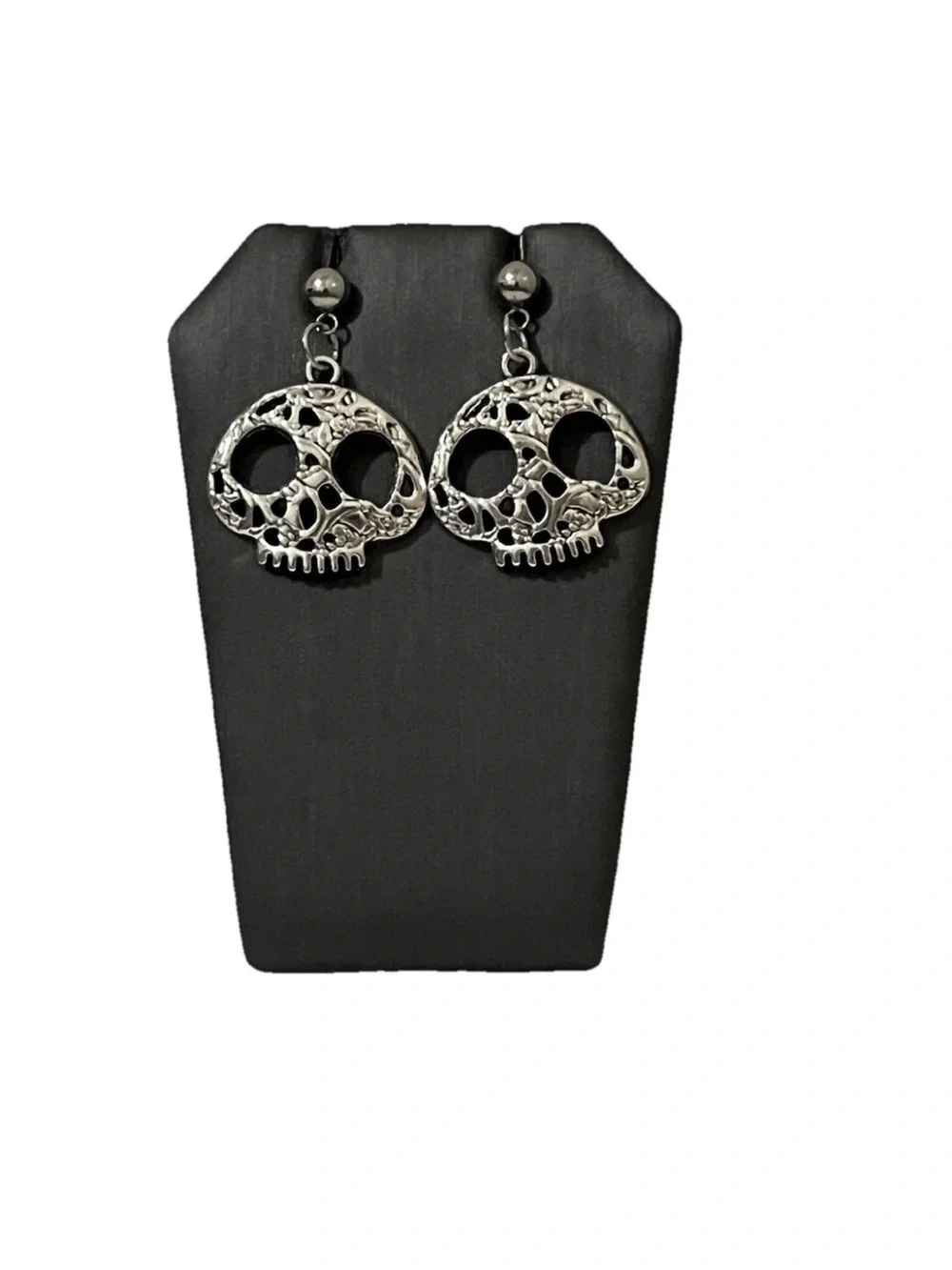 Gothic Sugar Skull Dangle Earrings Silver Tone Ornate Floral Halloween Jewelry